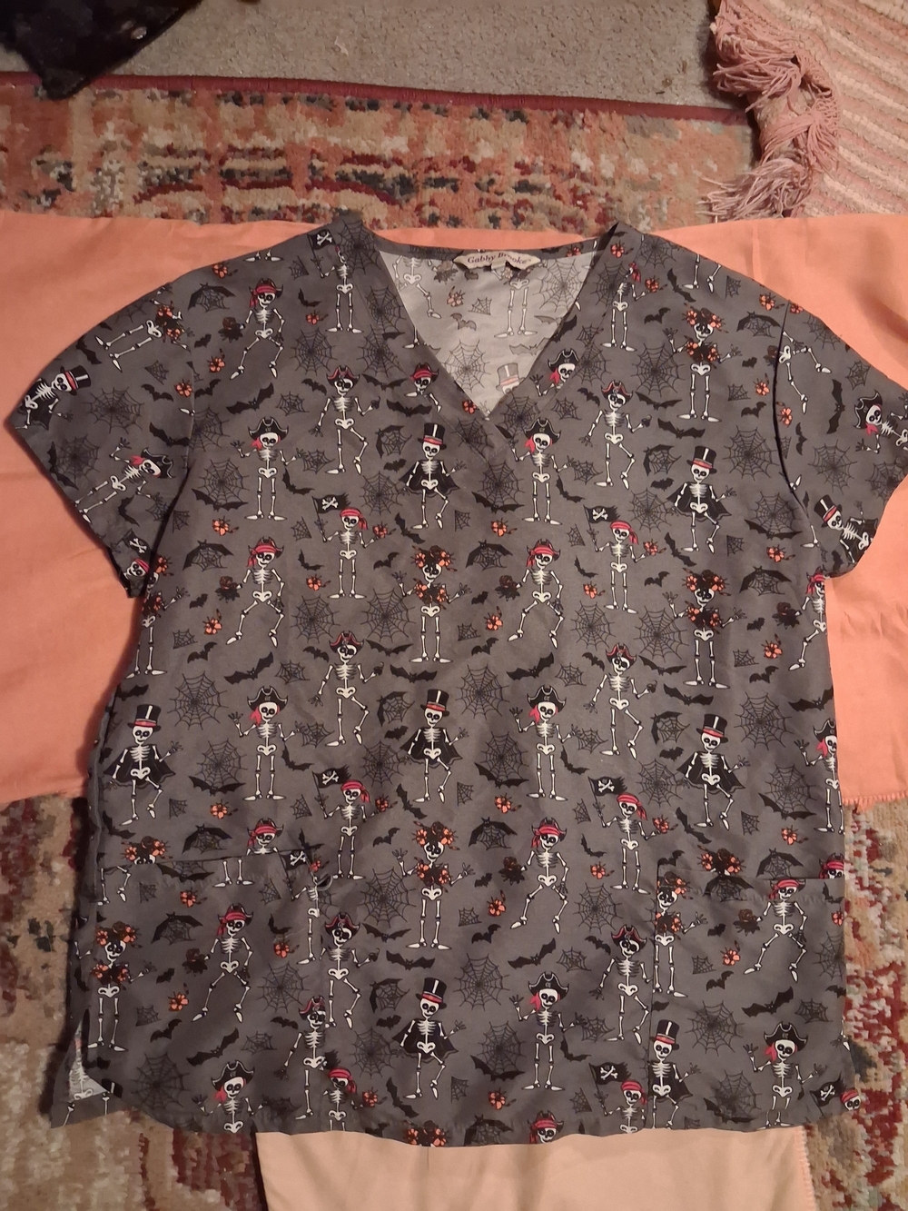 Women’s Gray Halloween Skeleton Print V-Neck Top